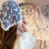 DAIIIBABYYY  -  Super Fairy Seaside French Lace Colored Butterfly Triangular Headscarf Female Bag Head Photo Tied Hair Silk Scarf Mesh Headband