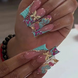 Daiiibabyyy  24Pcs Blue Long False Nails Butterfly Ballet French Cartoon  Wearable Fake Nails Full Cover Design Press on Nails Tips Art
