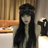 Daiiibabyyy  Harajuku PU Leather Rivet Punk Cap Dark Retro Beret Hat Gothic Spike Cap Black Lolita Cool Painter Hat Mens Women