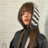 DAIIIBABYYY  -  Ins Personality Contrasting Stripes Knitted Straps Earmuffs for Women Autumn and Winter Travel Versatile Warm Casual Hairdband
