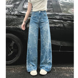 Daiiibabyyy  Women's Embroidered Floral Wide Leg Jeans High Waist Slim Fit Straight Cut Summer New Sle Thin Version Casual Denim Pants