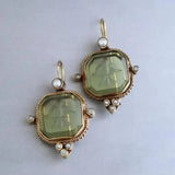 Daiiibabyyy  Retro Creative Golden Edging Geometry Hexagonal Green Crystal Imitation Pearl Dangle Earrings for Women Fashion Charm Jewelry