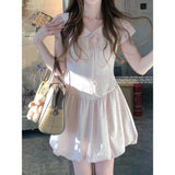 Daiiibabyyy  Pink Polka Dot Doll Collar Mini Dress Women's Summer New Style French Waist Cinched Beautiful Bud Short Skirt Dress