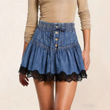 Daiiibabyyy  Midi Skirt Solid Blue Pleated Denim Skirt High Waist Button Front Jeans Skirt Drawstring Waist Tiered Lace Trim Elegant A Line