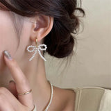 Daiiibabyyy  Korean White Imitation Pearl Bow Dangle Earrings for Women Elegant Handmade Woven Beaded Earrings Wedding Y2K Jewelry