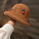 Daiiibabyyy  Cute Cherry White Plush Fisherman Hat for Women Autumn and Winter High-End Hat Warm Bucket Hat
