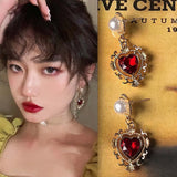 Daiiibabyyy -  Korean Trendy Red Crystal Stone Dangle Earrings Simple Vintage Gothic Pearl Heart Hanging Earrings Ear Drop Jewelry New