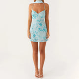 Daiiibabyyy  Women's Summer Sequined Flower Embroidery Beaded Bodycon Mini Dress Sleeveless Spaghetti Strap V Neck Night Out Dress with Scarf