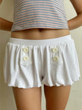 Daiiibabyyy  Y2K Grunge Women White Double Button Pocket Elastic Waist Ruffle Hem Bubble Shorts