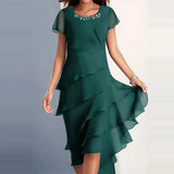 Daiiibabyyy Elegant Lady Patchwork Chiffon O Neck Short Sleeve Dress Fashion Sexy Female Casual Party Dress New Women's Tierred A Line Dress