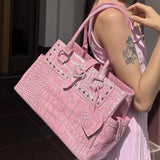 Daiiibabyyy  Fashion Crocodile-patterned Handbag Brand Pink Pu Women's Shoulder Bag Trendy Large Capacity Diamond-embellished Underarm Bag