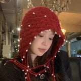 DAIIIBABYYY  -  Korean Autumn and Winter Hand-crocheted Fringed Pearl Pullover Knitted Hat Warm Ear Protector Strap Skull Beanie Cap for Women's