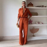 Daiiibabyyy  Casual Solid Shirt Pants Suit Women Fashion Lapel Single Breasted Loose Shirt Wide Leg Drawstring Trouser Spring Female Set