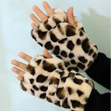 Daiiibabyyy  Imitation Rabbit Hair Leopard Print Half-Finger Gloves WinterPlush Warm Gloves Outdoor Cycling Driving Fingerless Gloves Women