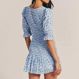 Daiiibabyyy  blue floral Printed Ruffle Mini Dress Smocked puff sleeves cute summer dress round neck sexy women dress