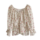 DAIIIBABYYY  -  Sweet Just V-neck Drawstring Floral Lace Shirt Women Gentle Lazy Wind Long Sleeve Top