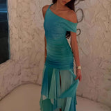 Daiiibabyyy  Shoulder Pleat Evening Dress Women Elegant Hight Waist Split Slim Party Dress Fashion Contrasting Color Long Dress