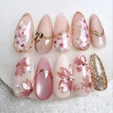 Daiiibabyyy  24pcs Manicure Long Almond False Nails Aurora Wave French Press on Nails Flower Starburst Detachable Fake Nials DIY