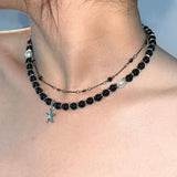 Daiiibabyyy  Beaded Bow Imitation Pearl Strap Necklace Rivets Tassels Round Beads Punk Street Hip-Hop Choker Necklace Design Sense Jewelry