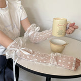 DAIIIBABYYY  -  Lolita Lace Floral Ribbon Cuffs Bow Fingerless Gloves Elastic Mesh Elbow Gloves Jk Kawaiii Sunscreen Sleeve Clothing Accessories