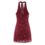Daiiibabyyy  Sexy Wine red Mesh Flocking Sequins Tie Bow Halter V Collar Backless Dress Women Backless A-line mini Dresses Femme Vestidos