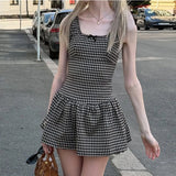 Daiiibabyyy  Women Plaid Printed Square Collar Sleeveless High Waisted Bow Patchwork Backless Simple Style Cute Sling Pleated Tank Dress