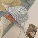 DAIIIBABYYY  -  New Korean Version of Literary Plaid Bucket Hat Women's Summer Sunscreen Big Brim Lace-up Dome Foldable Sun Cap Gorras