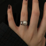 DAIIIBABYYY  -  Y2K Punk Croissant Shape Open Ring for Women Simple Oval Black Glazed Elegant Pearl Wide Face Finger Accessories Fashion Jewelry