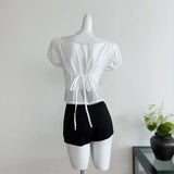 DAIIIBABYYY  -  French Sweet White Doll Collar Short Sleeve Women Bubble Sleeve Top Design Sense Pure Color Cotton Shirt