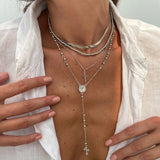 Daiiibabyyy  Cross Colorful Crystal Necklaces For Women Simple Gold Silver Color Y-Shaped Pendant Necklace Set New Christian Jewelry