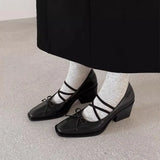 Daiiibabyyy  Spring Autumn Women's Shoes Bow Square Toe Elegant High Heels Ladies Shallow Black Chunky Heel Mary Jane Shoes Woman Pumps