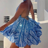Daiiibabyyy  Sexy Women Halter V Collar Backless Mini Dress Women Holiday Blue Floral Lacing up Back Loose Dresses Femme Vestidos Summer Robe