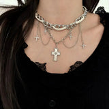 Daiiibabyyy  Punk Gothic Dark Drip Oil Cross Pendant Necklace for Women Men Y2K Metal Willow Nail Choker Leather Clavicle Chain Jewelry
