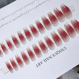 Daiiibabyyy 24pcs Red Cheek with Golden Edge Sweet  French Middle Art False Nails Set Press on Fake Stick-on Full Cover Nail  with Glue