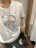 DAIIIBABYYY  -  Casual Style Hand Sewn Shell T-shirt Women's Summer Loose O-neck Short-sleeved T-shirt Fashion Female Clothes