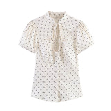Daiiibabyyy  Light Blue Vintage Blouses Women Stand Collar Tie Neck Ruched Front Puff Short Sleeve Fitted Silhouette Tops Street Wear