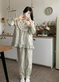 Daiiibabyyy  New Korean Sweet Style Lace Pajamas for Women Autumn Floral Bow Loose High-end Comfortable Temperature Home Wear Set