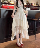 Daiiibabyyy  Irregular Sweet Lace Midi Skirt Women High Waisted Ruffled Pleated Skirt Preppy Style Summer Vacation Beach Tiered Cake Skirt