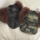 Daiiibabyyy  American Y2k Camouflage Imitation Fur Plush Men Baseball Cap Winter Outdoor Thermal Lace-up Ear Protector Women Bomber Hats