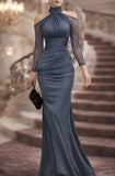 Daiiibabyyy  Elegant Party Wedding Guest Dress Off Shoulder Long Sleeve Mermaid Dresses High Waist Ruched Evening Dress Floor Length Maxi