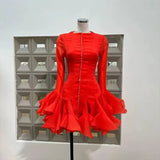 DAIIIBABYYY  -  2025 New Fashion Patchwork Ruffles Solid Slimming Dress For Women O Neck Flare Sleeve High Waist Party Casual Female Dresses