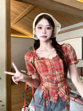 DAIIIBABYYY  -  Sweet Hot Girl Plaid Short-sleeved T-shirt for Women's Spring/summer Square Collar Lace-up Slim Fit Top Fashion Female Clothes