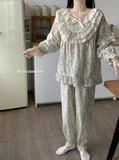 Daiiibabyyy  New Korean Sweet Style Lace Pajamas for Women Autumn Floral Bow Loose High-end Comfortable Temperature Home Wear Set