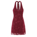 Daiiibabyyy  Sexy Wine red Mesh Flocking Sequins Tie Bow Halter V Collar Backless Dress Women Backless A-line mini Dresses Femme Vestidos