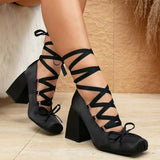 DAIIIBABYYY  -  Sweet Lolita Ballet Style Pumps Women's Big Size 43 Pink High Heels Shoes Ribbon Cross Lace-up Mary Jane Shoes