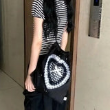 Daiiibabyyy  Lace Plaid Love Heart Mochilas Mujer Sweet Cute Bow Mochila Drawstring Bag Portable Lightweighte Backpack Y2k Bags for Woman
