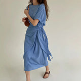 Daiiibabyyy  Women Linen Wrap Midi Dress Round Neck Short Sleeve Side Tie Ruched Irregular Hem Casual Vacation Dress