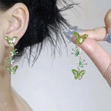 Daiiibabyyy  New Trendy Green Zircon Butterfly Earrings for Women Light Luxury Sweet Long Tassel Earrings Aesthetics Wedding Party Jewelry