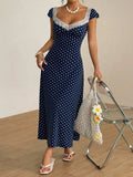 Daiiibabyyy  Black White Polka Dot Lace Trim Heart Neck Puff Sleeve Ruched Waist A-Line Midi Dress