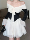 DAIIIBABYYY  -  Y2K Sexy Patchwork Short Dresses for Women Off Shoulder Flare Sleeve Ruffles A-line Birthday Party Dress Korean Casual Vestidos